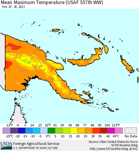 Papua New Guinea Mean Maximum Temperature (USAF 557th WW) Thematic Map For 2/20/2023 - 2/26/2023