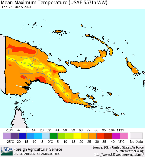 Papua New Guinea Mean Maximum Temperature (USAF 557th WW) Thematic Map For 2/27/2023 - 3/5/2023
