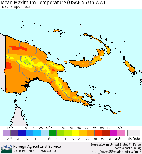 Papua New Guinea Mean Maximum Temperature (USAF 557th WW) Thematic Map For 3/27/2023 - 4/2/2023