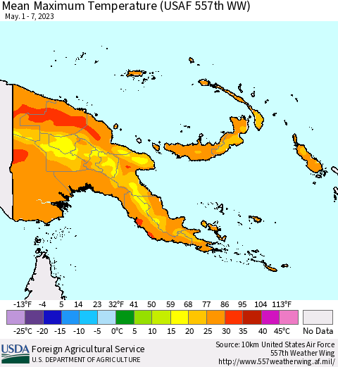 Papua New Guinea Mean Maximum Temperature (USAF 557th WW) Thematic Map For 5/1/2023 - 5/7/2023