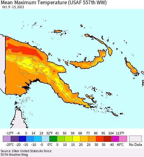 Papua New Guinea Mean Maximum Temperature (USAF 557th WW) Thematic Map For 10/9/2023 - 10/15/2023