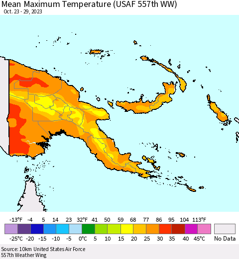 Papua New Guinea Mean Maximum Temperature (USAF 557th WW) Thematic Map For 10/23/2023 - 10/29/2023