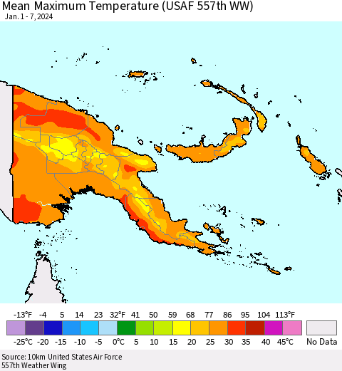 Papua New Guinea Mean Maximum Temperature (USAF 557th WW) Thematic Map For 1/1/2024 - 1/7/2024