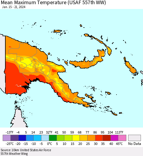 Papua New Guinea Mean Maximum Temperature (USAF 557th WW) Thematic Map For 1/15/2024 - 1/21/2024