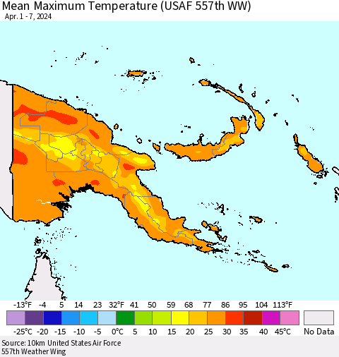 Papua New Guinea Mean Maximum Temperature (USAF 557th WW) Thematic Map For 4/1/2024 - 4/7/2024