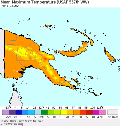 Papua New Guinea Mean Maximum Temperature (USAF 557th WW) Thematic Map For 4/8/2024 - 4/14/2024