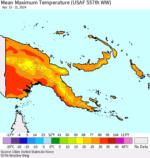 Papua New Guinea Mean Maximum Temperature (USAF 557th WW) Thematic Map For 4/15/2024 - 4/21/2024