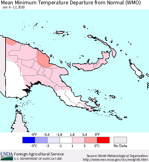 Papua New Guinea Mean Minimum Temperature Departure from Normal (WMO) Thematic Map For 1/6/2020 - 1/12/2020