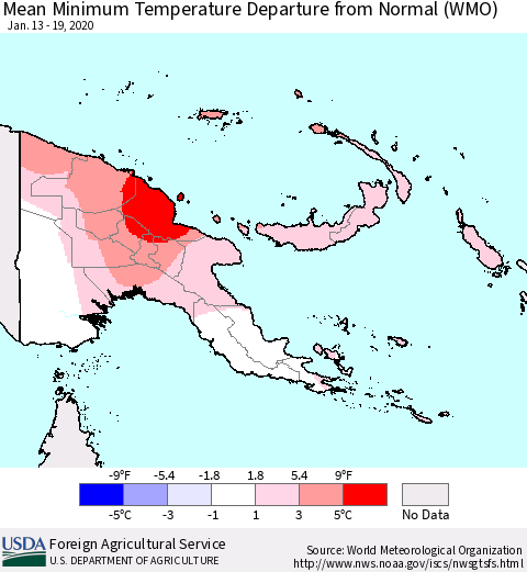Papua New Guinea Mean Minimum Temperature Departure from Normal (WMO) Thematic Map For 1/13/2020 - 1/19/2020