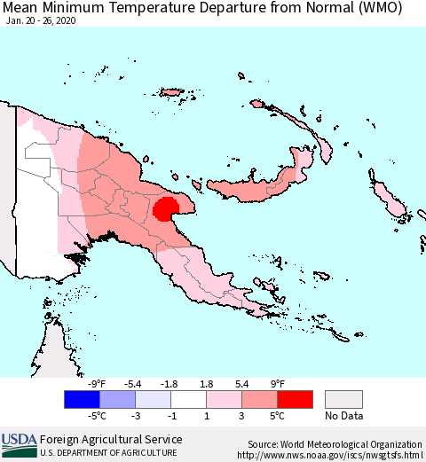 Papua New Guinea Mean Minimum Temperature Departure from Normal (WMO) Thematic Map For 1/20/2020 - 1/26/2020