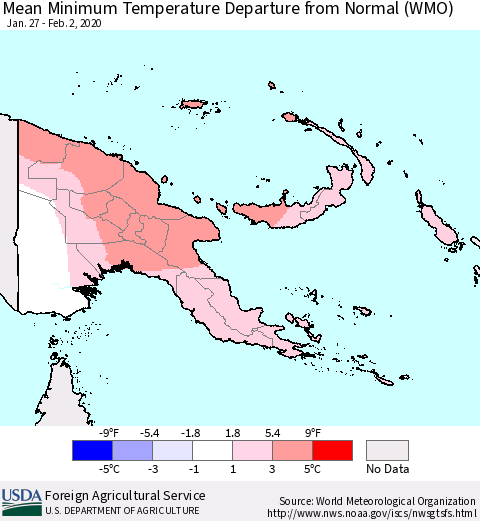 Papua New Guinea Mean Minimum Temperature Departure from Normal (WMO) Thematic Map For 1/27/2020 - 2/2/2020