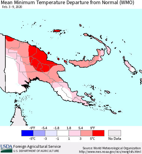 Papua New Guinea Mean Minimum Temperature Departure from Normal (WMO) Thematic Map For 2/3/2020 - 2/9/2020