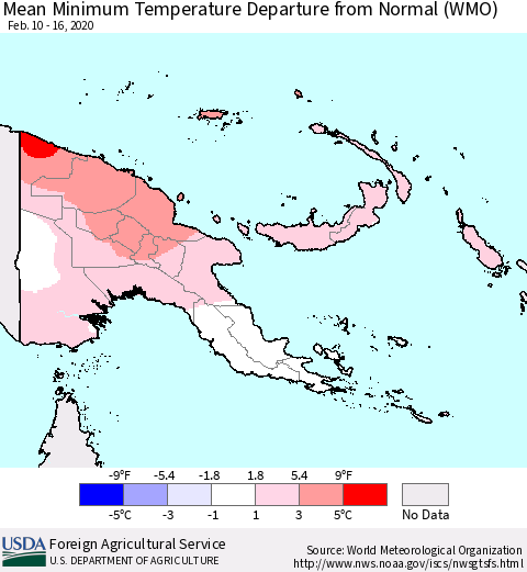 Papua New Guinea Mean Minimum Temperature Departure from Normal (WMO) Thematic Map For 2/10/2020 - 2/16/2020