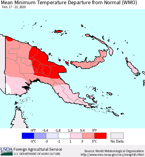 Papua New Guinea Mean Minimum Temperature Departure from Normal (WMO) Thematic Map For 2/17/2020 - 2/23/2020