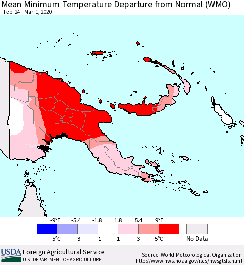 Papua New Guinea Mean Minimum Temperature Departure from Normal (WMO) Thematic Map For 2/24/2020 - 3/1/2020