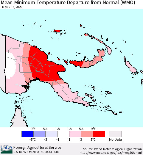 Papua New Guinea Mean Minimum Temperature Departure from Normal (WMO) Thematic Map For 3/2/2020 - 3/8/2020