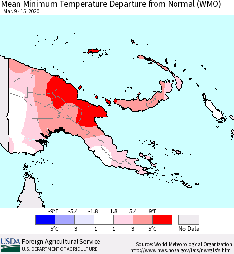 Papua New Guinea Mean Minimum Temperature Departure from Normal (WMO) Thematic Map For 3/9/2020 - 3/15/2020