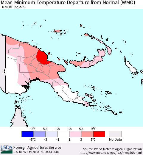 Papua New Guinea Mean Minimum Temperature Departure from Normal (WMO) Thematic Map For 3/16/2020 - 3/22/2020