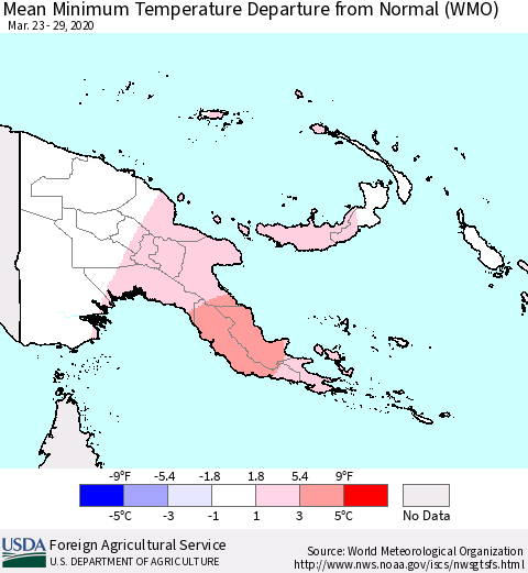 Papua New Guinea Mean Minimum Temperature Departure from Normal (WMO) Thematic Map For 3/23/2020 - 3/29/2020
