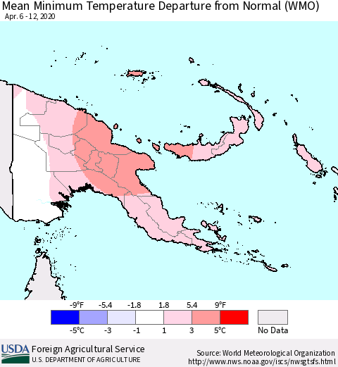 Papua New Guinea Mean Minimum Temperature Departure from Normal (WMO) Thematic Map For 4/6/2020 - 4/12/2020