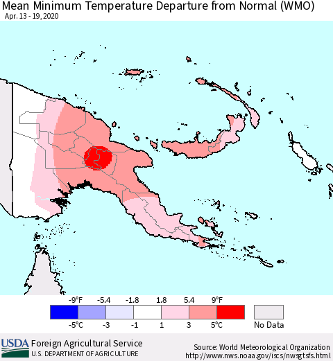 Papua New Guinea Mean Minimum Temperature Departure from Normal (WMO) Thematic Map For 4/13/2020 - 4/19/2020