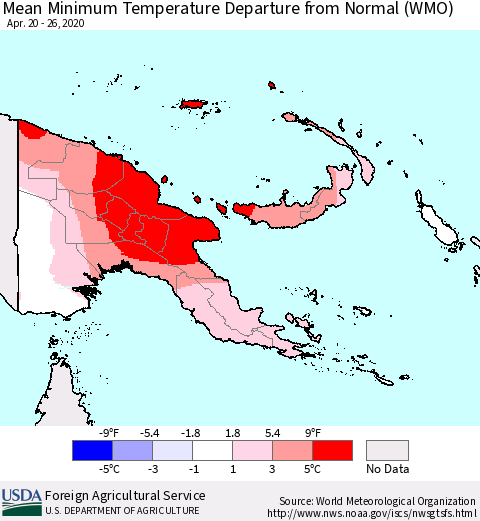 Papua New Guinea Mean Minimum Temperature Departure from Normal (WMO) Thematic Map For 4/20/2020 - 4/26/2020