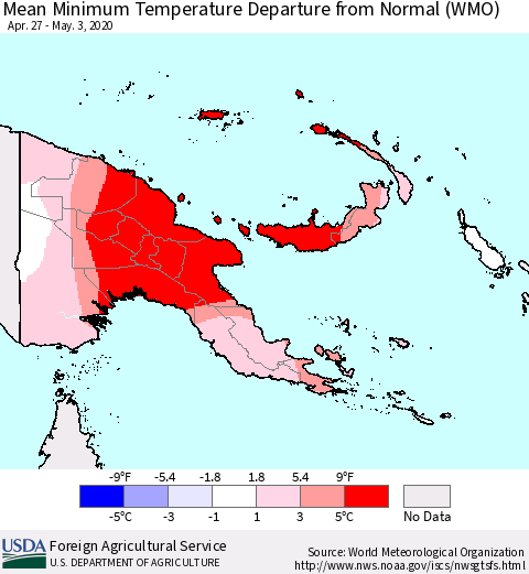 Papua New Guinea Mean Minimum Temperature Departure from Normal (WMO) Thematic Map For 4/27/2020 - 5/3/2020