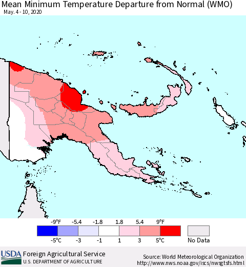 Papua New Guinea Mean Minimum Temperature Departure from Normal (WMO) Thematic Map For 5/4/2020 - 5/10/2020