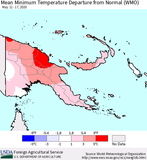 Papua New Guinea Mean Minimum Temperature Departure from Normal (WMO) Thematic Map For 5/11/2020 - 5/17/2020