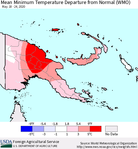Papua New Guinea Mean Minimum Temperature Departure from Normal (WMO) Thematic Map For 5/18/2020 - 5/24/2020