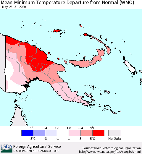 Papua New Guinea Mean Minimum Temperature Departure from Normal (WMO) Thematic Map For 5/25/2020 - 5/31/2020