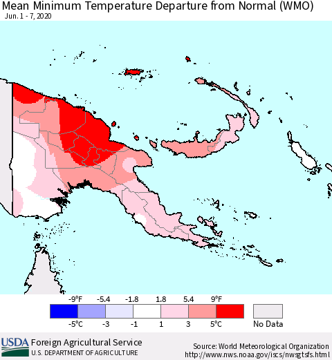 Papua New Guinea Mean Minimum Temperature Departure from Normal (WMO) Thematic Map For 6/1/2020 - 6/7/2020