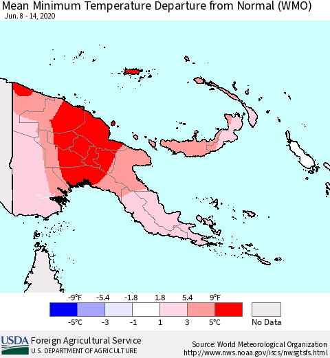 Papua New Guinea Mean Minimum Temperature Departure from Normal (WMO) Thematic Map For 6/8/2020 - 6/14/2020
