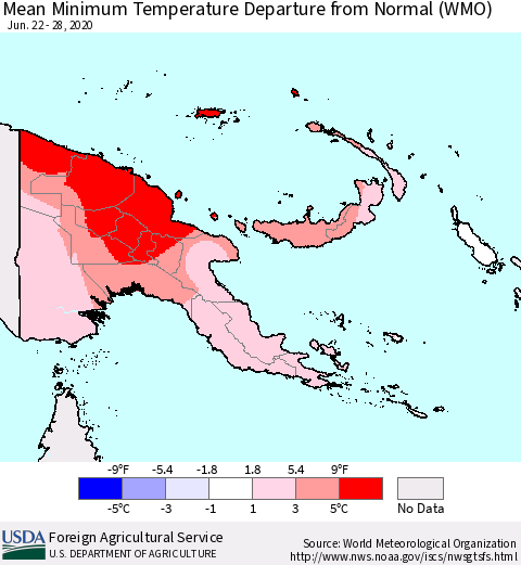 Papua New Guinea Mean Minimum Temperature Departure from Normal (WMO) Thematic Map For 6/22/2020 - 6/28/2020