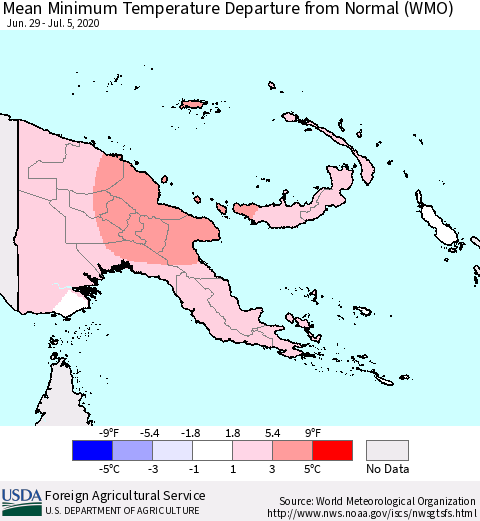 Papua New Guinea Mean Minimum Temperature Departure from Normal (WMO) Thematic Map For 6/29/2020 - 7/5/2020