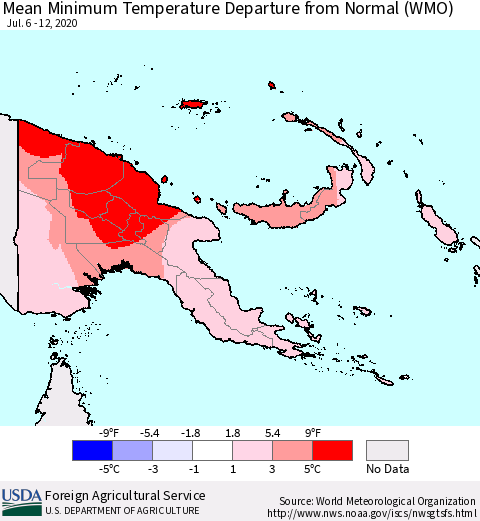 Papua New Guinea Mean Minimum Temperature Departure from Normal (WMO) Thematic Map For 7/6/2020 - 7/12/2020