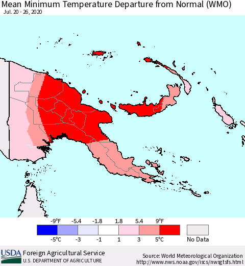 Papua New Guinea Mean Minimum Temperature Departure from Normal (WMO) Thematic Map For 7/20/2020 - 7/26/2020