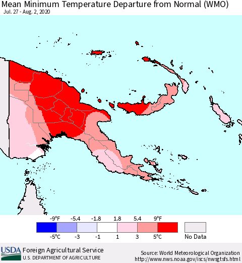 Papua New Guinea Mean Minimum Temperature Departure from Normal (WMO) Thematic Map For 7/27/2020 - 8/2/2020