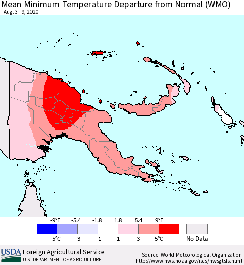 Papua New Guinea Mean Minimum Temperature Departure from Normal (WMO) Thematic Map For 8/3/2020 - 8/9/2020