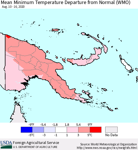 Papua New Guinea Mean Minimum Temperature Departure from Normal (WMO) Thematic Map For 8/10/2020 - 8/16/2020
