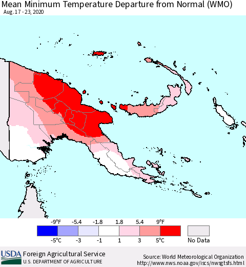 Papua New Guinea Mean Minimum Temperature Departure from Normal (WMO) Thematic Map For 8/17/2020 - 8/23/2020