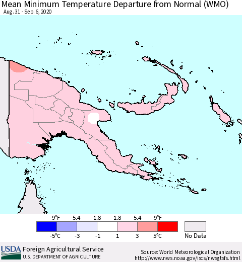 Papua New Guinea Mean Minimum Temperature Departure from Normal (WMO) Thematic Map For 8/31/2020 - 9/6/2020