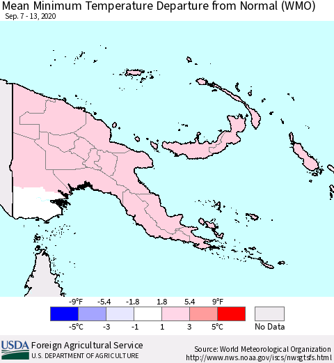 Papua New Guinea Mean Minimum Temperature Departure from Normal (WMO) Thematic Map For 9/7/2020 - 9/13/2020