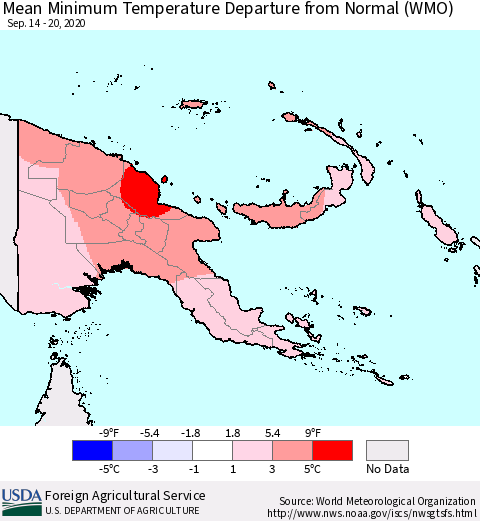 Papua New Guinea Mean Minimum Temperature Departure from Normal (WMO) Thematic Map For 9/14/2020 - 9/20/2020