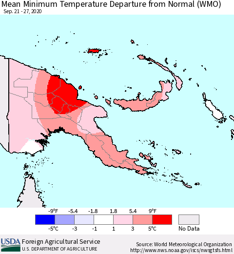 Papua New Guinea Mean Minimum Temperature Departure from Normal (WMO) Thematic Map For 9/21/2020 - 9/27/2020