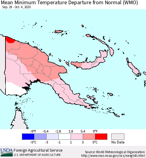 Papua New Guinea Mean Minimum Temperature Departure from Normal (WMO) Thematic Map For 9/28/2020 - 10/4/2020