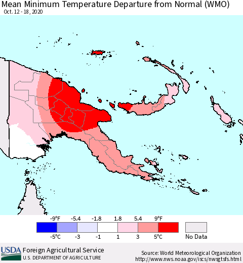 Papua New Guinea Mean Minimum Temperature Departure from Normal (WMO) Thematic Map For 10/12/2020 - 10/18/2020