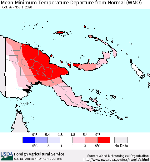 Papua New Guinea Mean Minimum Temperature Departure from Normal (WMO) Thematic Map For 10/26/2020 - 11/1/2020