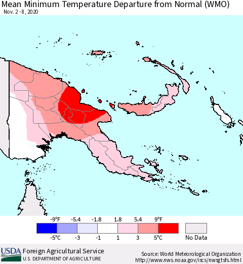 Papua New Guinea Mean Minimum Temperature Departure from Normal (WMO) Thematic Map For 11/2/2020 - 11/8/2020