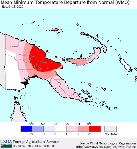 Papua New Guinea Mean Minimum Temperature Departure from Normal (WMO) Thematic Map For 11/9/2020 - 11/15/2020